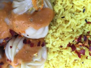 Vegetarian momos and jeera rice - Nepalese food